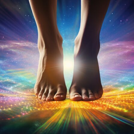 Reflexologist s outstretched hands with a pair of feet floating above on a spiraling healing rainbow colored energy background. copy space available